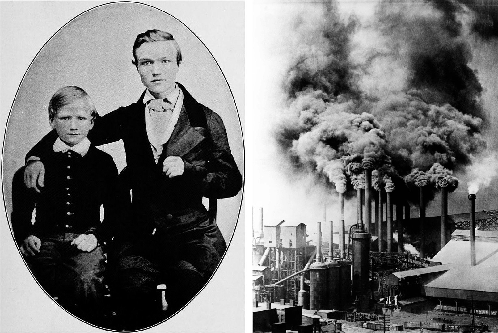 Left: teenage Andrew Carnegie and his younger brother. Right: Pittsburg steel factories during the Glided Age.