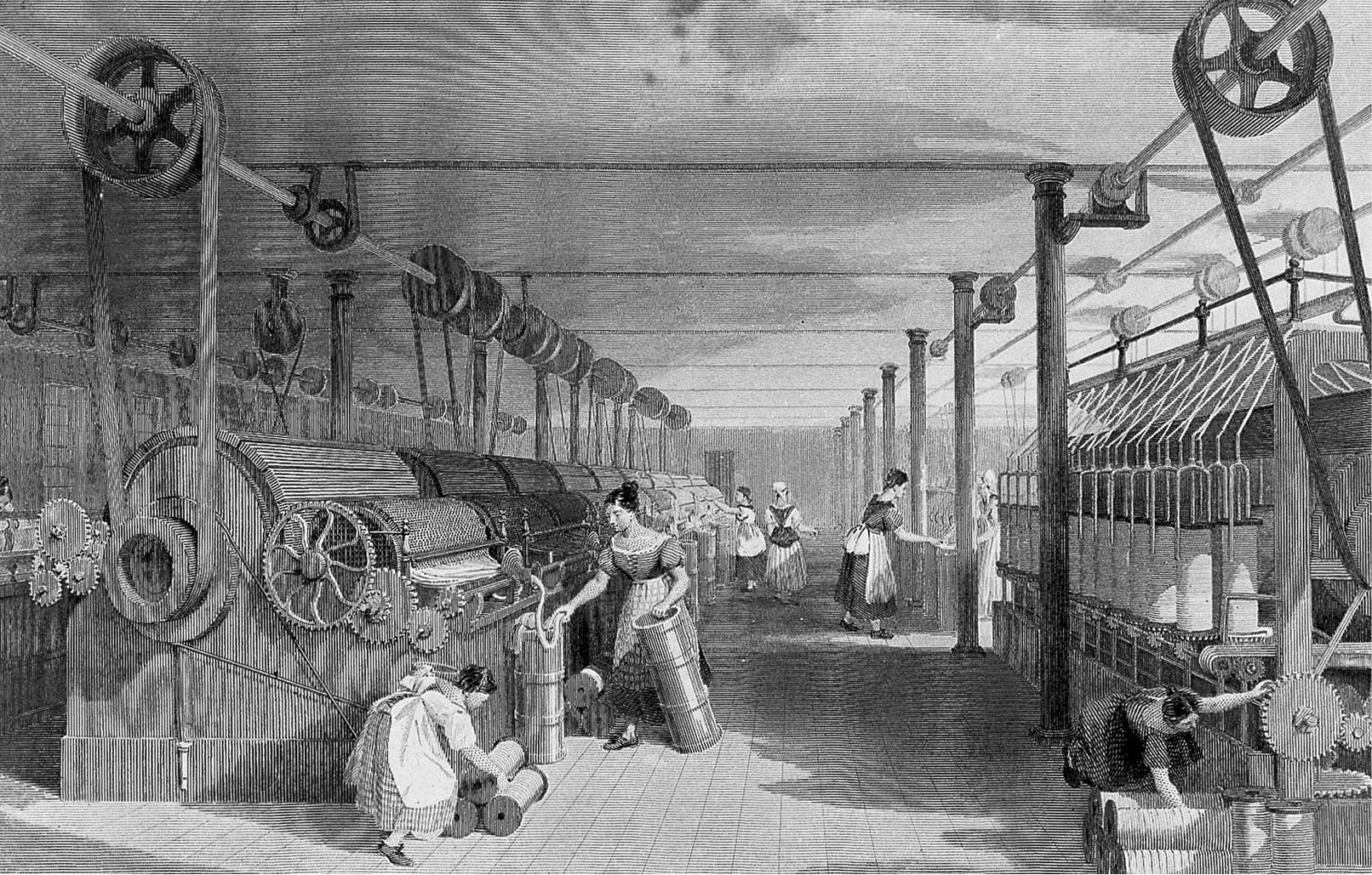 This 1835 engraving by Thomas Allom depicts a textile factory in Lancashire, UK.
