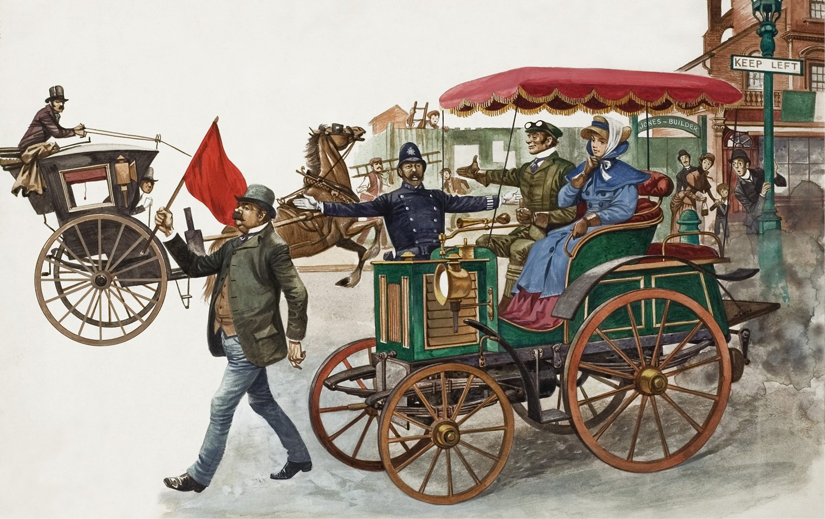 The Red Flag Act of 1865 required a flag bearer to walk ahead of the vehicle.